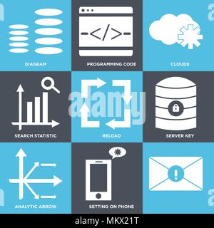 Set Of 9 simple editable icons such as Setting on phone, Analytic arrow, Server key, Reload, Search statistic, Cloude, Programming code, Diagram, can  Stock Vector