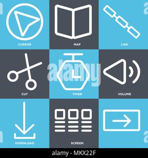Set Of 9 simple editable icons such as Screen, Download, Volume, Timer, Cut, Link, Map, Cursor, can be used for mobile, web Stock Vector