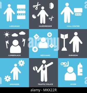 Set Of 9 simple editable icons such as Diver, traffic police, Engineer, Surgeon, Mechanic, Lumberjack, call center, Hairdresser, Librarian, can be use Stock Vector