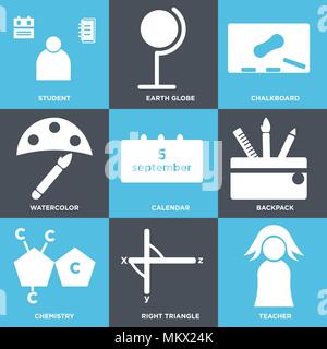 Set Of 9 simple editable icons such as Teacher, Right triangle, Chemistry, Backpack, Calendar, Watercolor, Chalkboard, Earth globe, Student, can be us Stock Vector