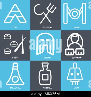Set Of 9 simple editable icons such as Lamp, Tequila, Balalaika, Egyptian, Helmet, Sushi, Gong, Tipi, can be used for mobile, web Stock Vector