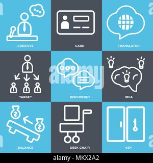 Translator blue linear icons set. Interpretation, translation ...