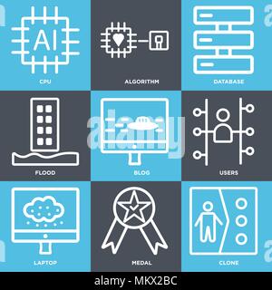 Set Of 9 simple editable icons such as Clone, Medal, Laptop, Users, Blog, Flood, Database, Algorithm, Cpu, can be used for mobile, web Stock Vector