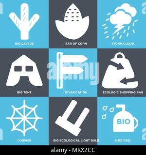 Set Of 9 simple editable icons such as Biodiesel, Big Ecological Light Bulb, Cobweb, Ecologic Shopping Bag, Divarication, Tent, Storm Cloud, Ear of Co Stock Vector