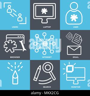 Set Of 9 simple editable icons such as Monitor, Search, Email, Internet, Browser, User, Laptop, Users, can be used for mobile, web Stock Vector