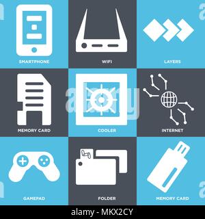 Set Of 9 simple editable icons such as Memory card, Folder, Gamepad, Internet, Cooler, Layers, Wifi, Smartphone, can be used for mobile, web Stock Vector