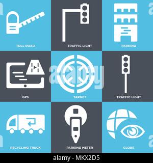 Set Of 9 simple editable icons such as Globe, Parking meter, Recycling truck, Traffic light, Target, Gps, Parking, Toll road, can be used for mobile,  Stock Vector