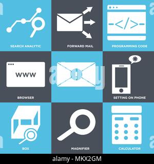 Set Of 9 simple editable icons such as Calculator, Magnifier, Box, Setting on phone, Browser, Programming code, Forward mail, Search analytic, can be  Stock Vector