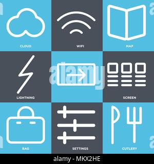 Set Of 9 simple editable icons such as Cutlery, Settings, Bag, Screen, Lightning, Map, Wifi, Cloud, can be used for mobile, web Stock Vector