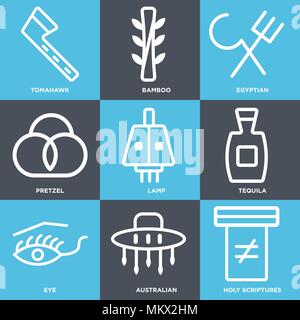 Set Of 9 simple editable icons such as Holy scriptures, Australian, Eye, Tequila, Lamp, Pretzel, Egyptian, Bamboo, Tomahawk, can be used for mobile, w Stock Vector