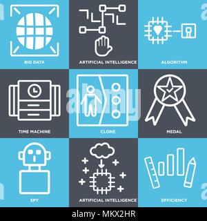 Set Of 9 simple editable icons such as Efficiency, Artificial intelligence, Spy, Medal, Clone, Time machine, Algorithm, Big data, can be used for mobi Stock Vector