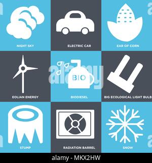Set Of 9 simple editable icons such as Snow, Radiation Barrel, Stump, Big Ecological Light Bulb, Biodiesel, Eolian Energy, Ear of Corn, Electric Car,  Stock Vector