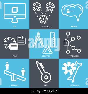 Set Of 9 simple editable icons such as Settings, Key, Seesaw, Padlock, Compass, File, Brain, 3d, can be used for mobile, web Stock Vector