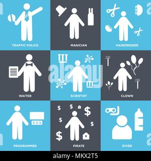 Set Of 9 simple editable icons such as Diver, Pirate, Programmer, Clown, Scientist, Waiter, Hairdresser, Magician, traffic police, can be used for mob Stock Vector
