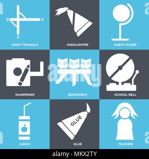 Set Of 9 simple editable icons such as Teacher, Glue, Lunch, School bell, Bookshelf, Sharpener, Earth globe, Highlighter, Right triangle, can be used  Stock Vector