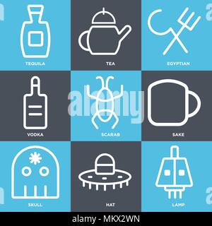 Set Of 9 simple editable icons such as Lamp, Hat, Skull, Sake, Scarab, Vodka, Egyptian, Tea, Tequila, can be used for mobile, web Stock Vector