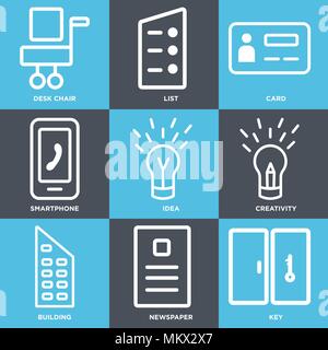 Set Of 9 simple editable icons such as Key, Newspaper, Building, Creativity, Idea, Smartphone, Card, List, Desk chair, can be used for mobile, web Stock Vector