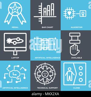 Set Of 9 simple editable icons such as Clone, Technical Support, Artificial intelligence, Available, Laptop, Algorithm, Bar chart, Medal, can be used  Stock Vector