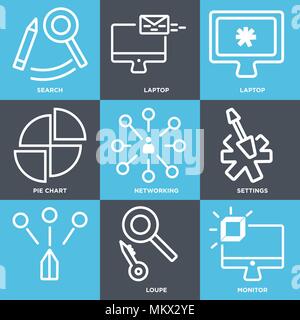Set Of 9 simple editable icons such as Monitor, Loupe, Settings, Networking, Pie chart, Laptop, Search, can be used for mobile, web Stock Vector