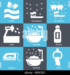 Set Of 9 simple editable icons such as Towel, Bathtub, Ironing, Bleach, Hose, Toothbrush, Wash, can be used for mobile, web Stock Vector