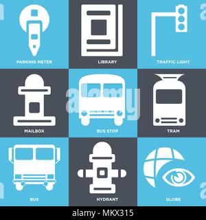 Set Of 9 simple editable icons such as Globe, Hydrant, Bus, Tram, Bus stop, Mailbox, Traffic light, Library, Parking meter, can be used for mobile, we Stock Vector