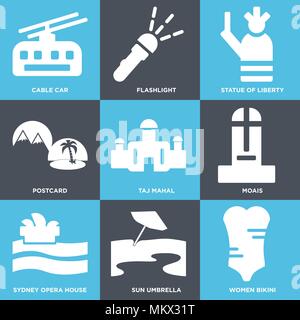 Set Of 9 simple editable icons such as Women Bikini, Sun umbrella, Sydney opera house, Moais, Taj mahal, Postcard, Statue of liberty, Flashlight, Cabl Stock Vector