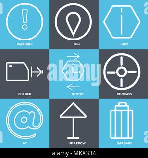 Set Of 9 simple editable icons such as Garbage, Up arrow, At, Compass, History, Folder, Info, Pin, Warning, can be used for mobile, web Stock Vector
