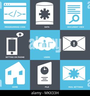 Set Of 9 simple editable icons such as Mail settings, File, Home, Users, Setting on phone, Document view, Data, Programming code, can be used for mobi Stock Vector