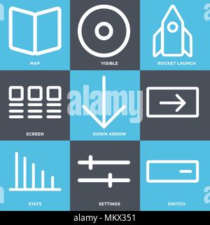 Set Of 9 simple editable icons such as Switch, Settings, Stats, Down arrow, Screen, Rocket launch, Visible, Map, can be used for mobile, web Stock Vector