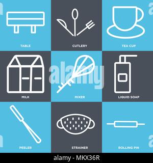 Set Of 9 simple editable icons such as Rolling pin, Strainer, Peeler, Liquid soap, Mixer, Milk, Tea cup, Cutlery, Table, can be used for mobile, web Stock Vector