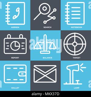 Set Of 9 simple editable icons such as Lamp, Wallet, Target, Balance, Report, Notebook, Search, Agenda, can be used for mobile, web Stock Vector