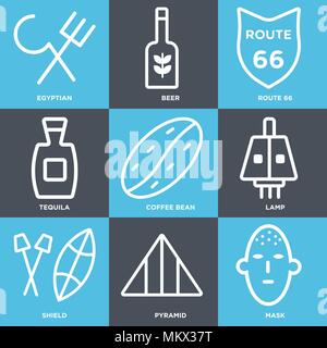 Set Of 9 simple editable icons such as Mask, Pyramid, Shield, Lamp, Coffee bean, Tequila, Route 66, Beer, Egyptian, can be used for mobile, web Stock Vector