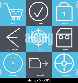 Set Of 9 simple editable icons such as Compass, Folder, Warning, Home, Web, Left arrow, Locked, Check, Shop, can be used for mobile, web Stock Vector
