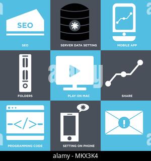 Set Of 9 simple editable icons such as Setting on phone, Programming code, Share, Play mac, Folders, Mobile app, Server data setting, seo, can be used Stock Vector