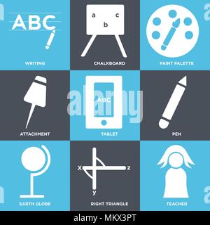 Set Of 9 simple editable icons such as Teacher, Right triangle, Earth globe, Pen, Tablet, Attachment, Paint palette, Chalkboard, Writing, can be used  Stock Vector