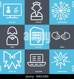 Set Of 9 simple editable icons such as Fireworks, Column, Bow tie, Deal, Ballot, Nun, Police, can be used for mobile, web Stock Vector