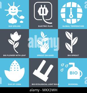 Set Of 9 simple editable icons such as Biodiesel, Big Ecological Light Bulb, Ear of Corn, Sprout, Sprout On Hand, Flower with Leaf, Global Temperature Stock Vector