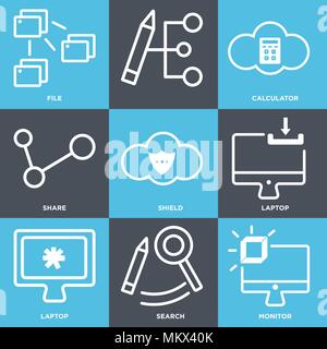 Set Of 9 simple editable icons such as Monitor, Search, Laptop, Shield, Share, Calculator, File, can be used for mobile, web Stock Vector
