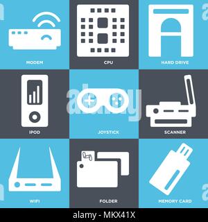 Set Of 9 simple editable icons such as Memory card, Folder, Wifi, Scanner, Joystick, Ipod, Hard drive, Cpu, Modem, can be used for mobile, web Stock Vector