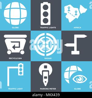 Set Of 9 simple editable icons such as Globe, Parking meter, Traffic light, Radar, Recycle bin, Africa, lights, can be used for mobile, web Stock Vector