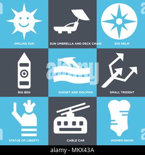 Set Of 9 simple editable icons such as Women Bikini, Cable car, Statue of liberty, Small Trident, Sunset and Dolphin, Big ben, Helm, Sun Umbrella Deck Stock Vector