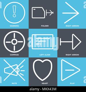 Set Of 9 simple editable icons such as Play, Heart, Mute, Right arrow, Left align, Compass, Folder, Warning, can be used for mobile, web Stock Vector