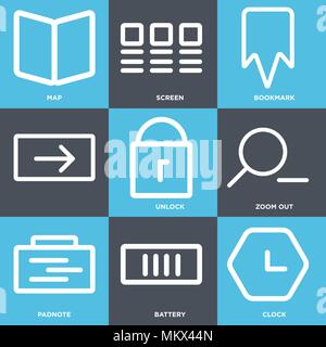 Set Of 9 simple editable icons such as Clock, Battery, Padnote, Zoom out, Unlock, Bookmark, Screen, Map, can be used for mobile, web Stock Vector