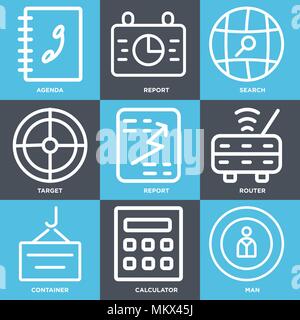 Set Of 9 simple editable icons such as Man, Calculator, Container, Router, Report, Target, Search, Agenda, can be used for mobile, web Stock Vector