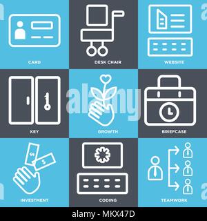Set Of 9 simple editable icons such as Teamwork, Coding, Investment, Briefcase, Growth, Key, Website, Desk chair, Card, can be used for mobile, web Stock Vector