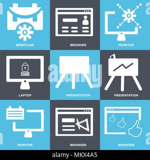 Set Of 9 simple editable icons such as Browser, Monitor, Presentation, Laptop, Briefcase, can be used for mobile, web Stock Vector