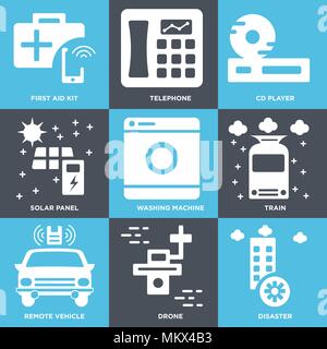 Set Of 9 simple editable icons such as Disaster, Drone, Remote vehicle, Train, Washing machine, Solar panel, Cd player, Telephone, First aid kit, can  Stock Vector