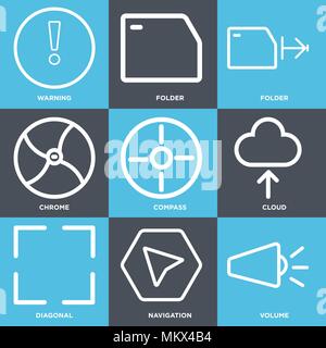 Set Of 9 simple editable icons such as Volume, Navigation, Diagonal, Cloud, Compass, Chrome, Folder, Warning, can be used for mobile, web Stock Vector