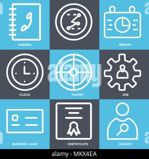 Set Of 9 simple editable icons such as Search, Certificate, Business card, Job, Target, Clock, Report, Agenda, can be used for mobile, web Stock Vector