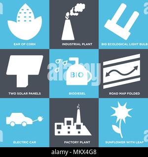 Set Of 9 simple editable icons such as Sunflower with Leaf, Factory Plant, Electric Car, Road Map Folded, Biodiesel, Two Solar Panels, Big Ecological  Stock Vector